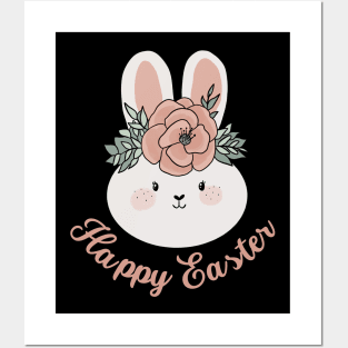 Happy easter cute easter bunny wearing a flower crown Posters and Art